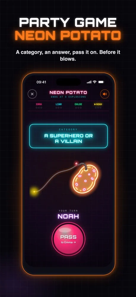 Neon Potato in the GAMBR app: a category on screen, the potato with its fuse, and the Pass button