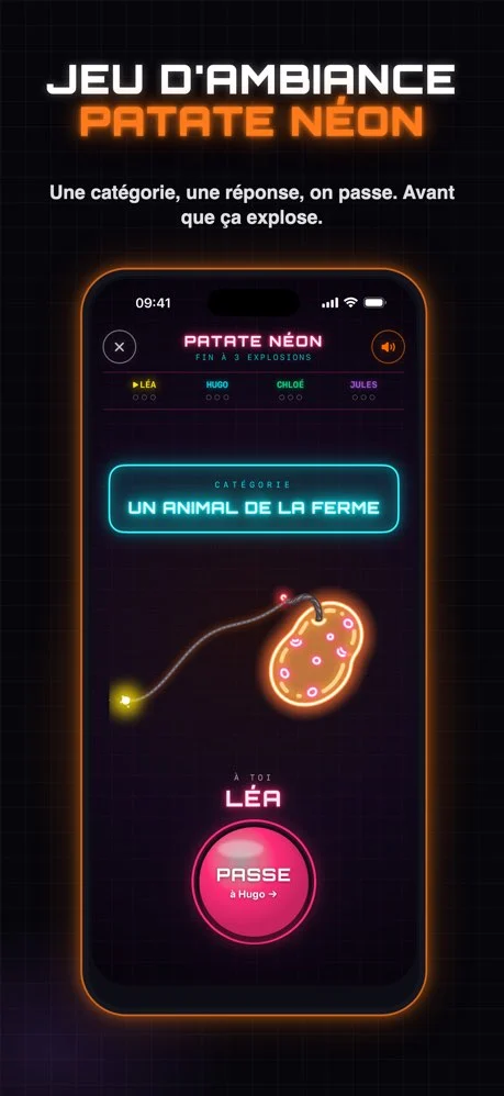 Patate néon dans l'app GAMBR : la catégorie « un animal de la ferme », la patate et sa mèche, le bouton Passe